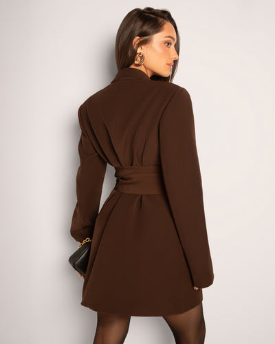 Model Wears Convertible Blazer Mini Dress - Espresso Side View with Belt