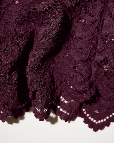 Zoomed in on fabric of Seamed Lushy Long Sleeve Midi Dress - Lace Garnet