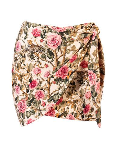Three quarter view of Mini Wrap Skirty - Pink Rose Leopard on model