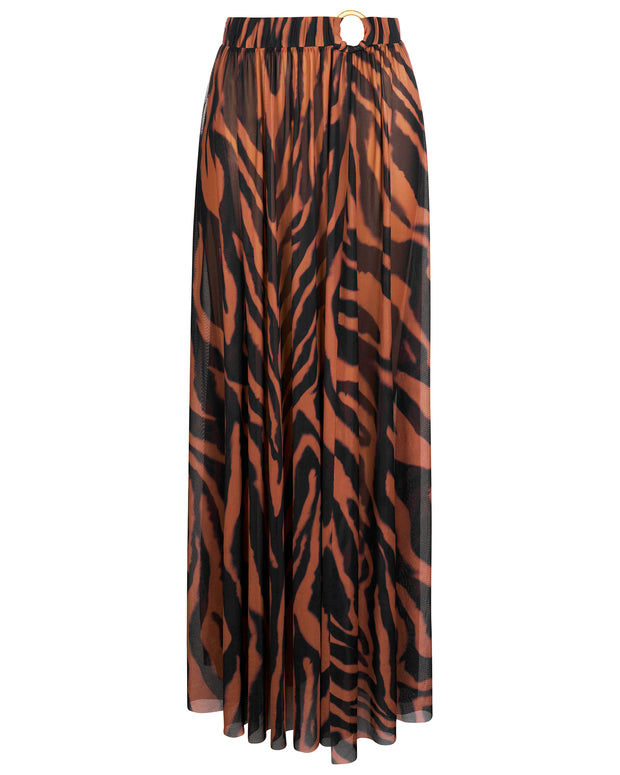 Outline image showing Ringy Sheer Slit Skirty - Baked Clay Zebra Cover Up Midi Skirt