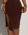 Model wears Seamed Lushy Pencil Midi Shapewear Dress - Espresso Shine zipper close up
