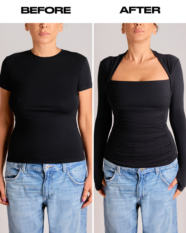 before and after in Shapey Ruched Long Sleeve Shapewear Top - Black