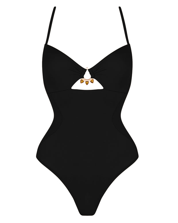 Outline image showing Jeweled Cut Out Deep Plunge One Piece Shapewear Swimsuit - Black