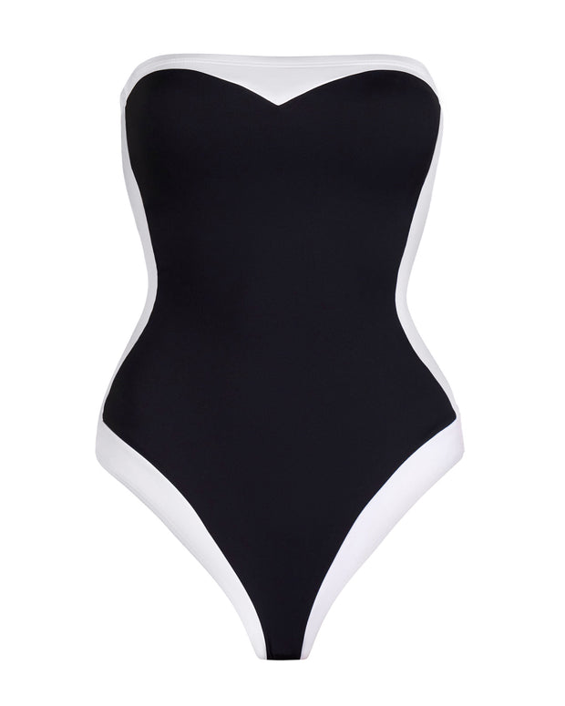 Outline image showing Framed Strapless One Piece Shapewear Swimsuit - Frame Black/White