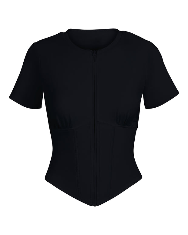 Outline image showing Short Sleeve Corsety Sculpting Shapewear Top - Black