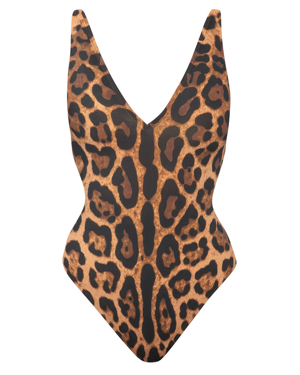 Outline image showing Brazilian Plungey Cheeky One Piece Shapewear Swimsuit - Symmetric Leopard