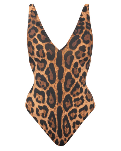 Outline image showing Brazilian Plungey Cheeky One Piece Shapewear Swimsuit - Symmetric Leopard