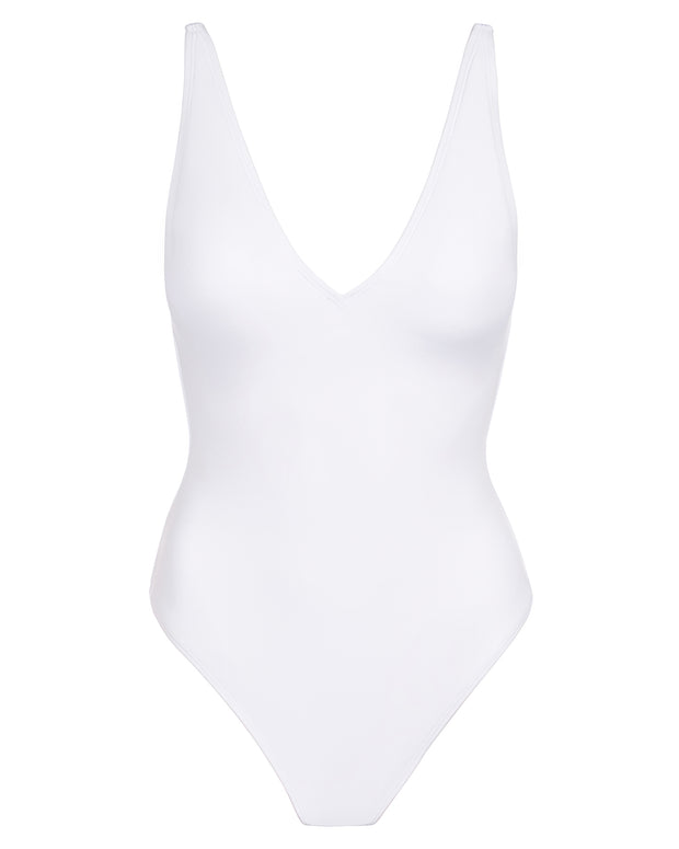 Outline image showing Brazilian Plungey Cheeky One Piece Shapewear Swimsuit - White
