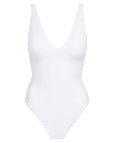 Outline image showing Brazilian Plungey Cheeky One Piece Shapewear Swimsuit - White