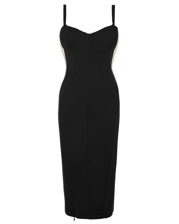 Outline image showing Seamed Lushy Pencil Midi Shapewear Dress - Contour Black/Oat