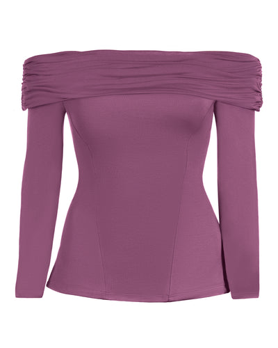Outline image showing Shapey Off Shoulder Long Sleeve Corseted Shapewear Top - Grape