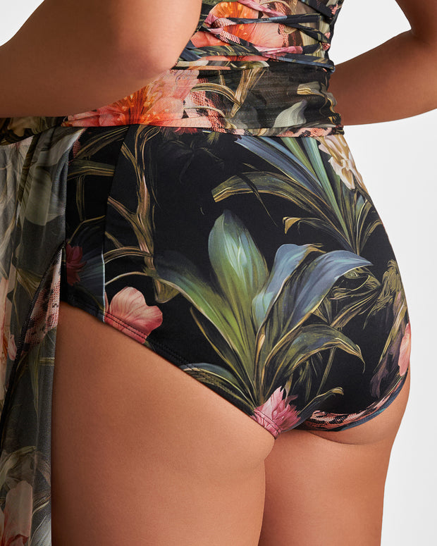 Model wears Bombshell Maxi Shapewear Dress - Midnight Peony close up back view