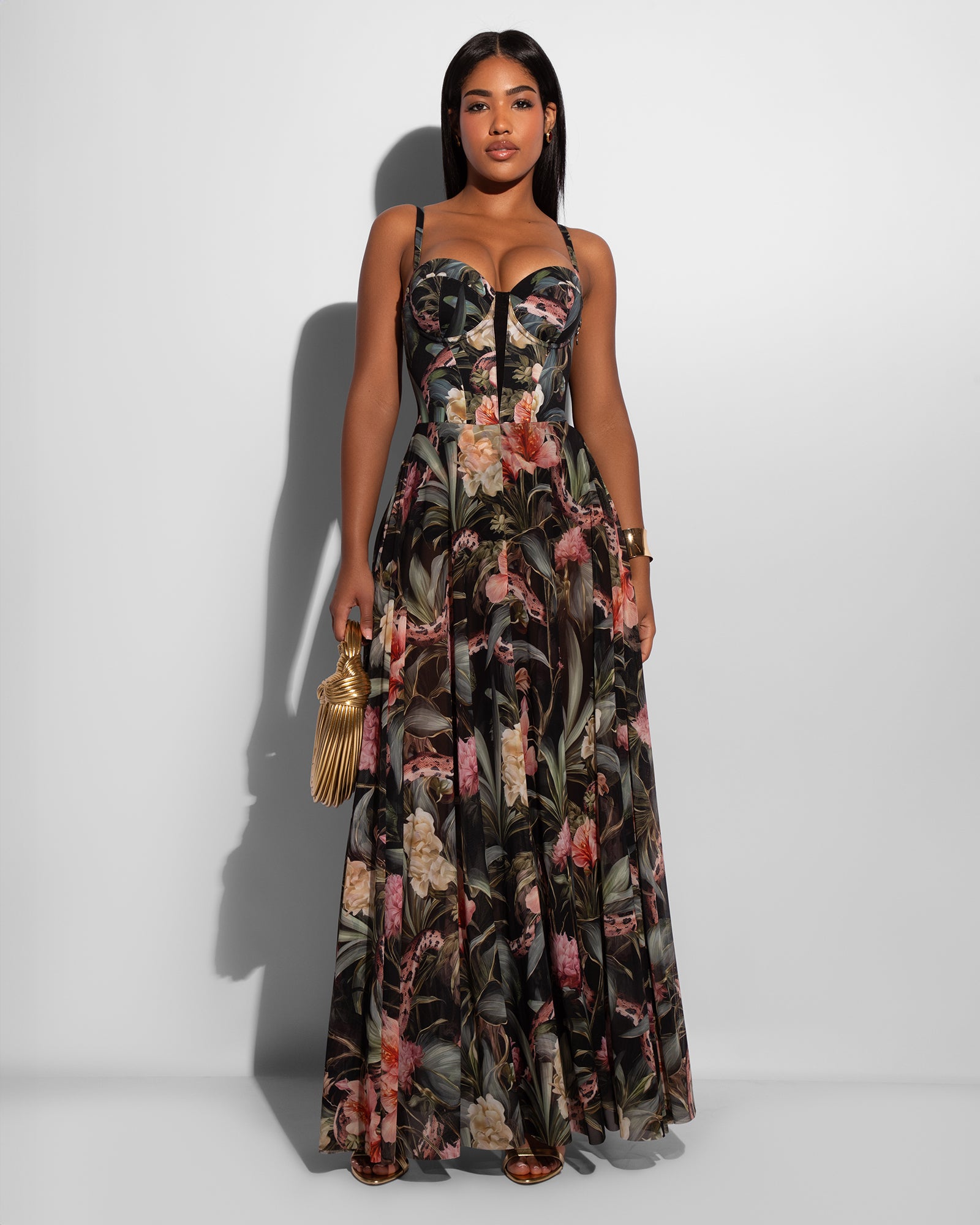 Model wears Bombshell Maxi Shapewear Dress - Midnight Peony full front view