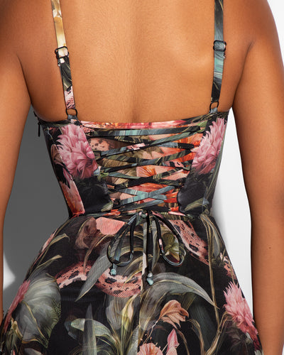 Model wears Bombshell Maxi Shapewear Dress - Midnight Peony back close up