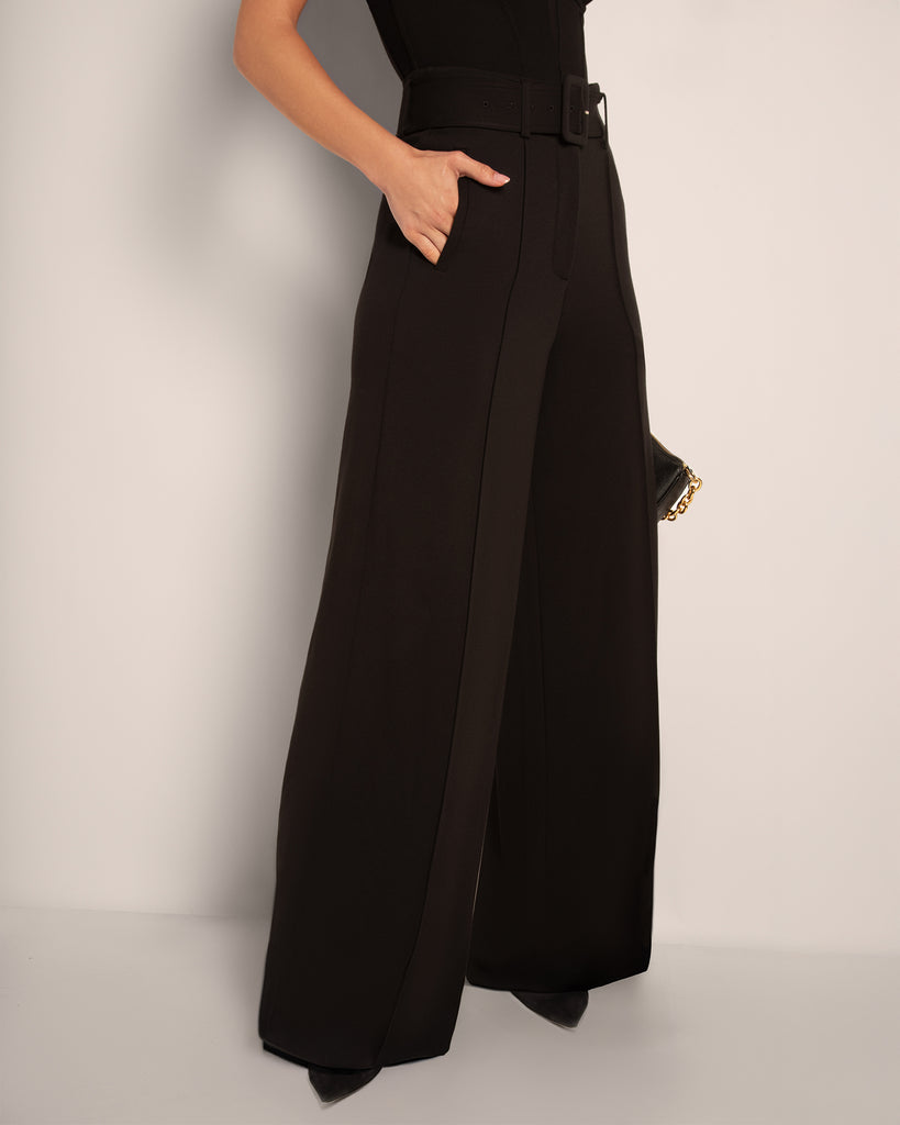 Model wears Belted Wide Leg High-Waist Ponte Pant - Black full side view