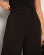 Model wears Belted Wide Leg High-Waist Ponte Pant - Black close up