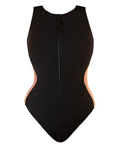 model wearing Crewy - Contour Rib Black/Tawny front view
