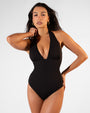 Front view of Brazilian Halter Plungey - Picot Black on model