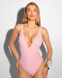 Model wears Brazilian Plungey Keyhole Shapewear Swimsuit - Flamingo Pink
