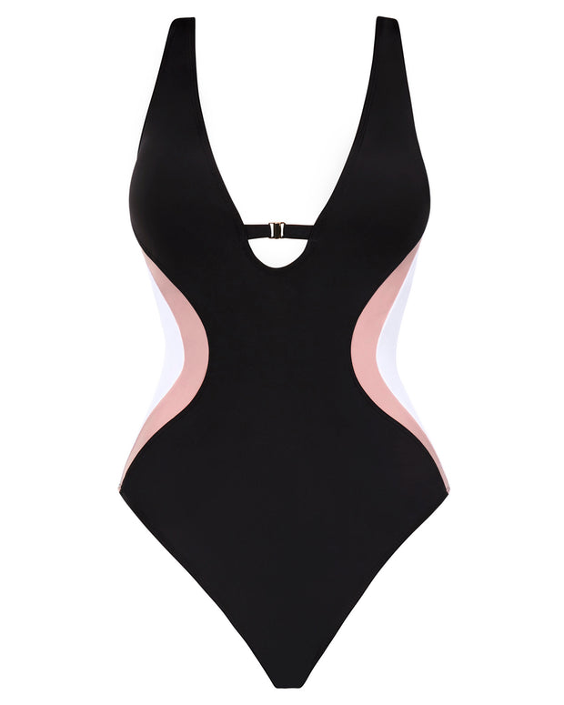 Outline image showing Brazilian Plungey Keyhole Shapewear Swimsuit - Contour Black/Rose/White
