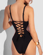 Model is wearing Brazilian Plungey Keyhole Shapewear Swimsuit - Double Contour back view