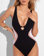 Model is wearing Brazilian Plungey Keyhole Shapewear Swimsuit - Double Contour front view close up