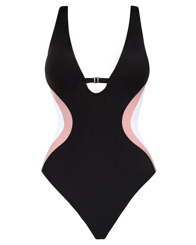 Outline image showing Brazilian Plungey Keyhole Shapewear Swimsuit - Contour Black/Rose/White