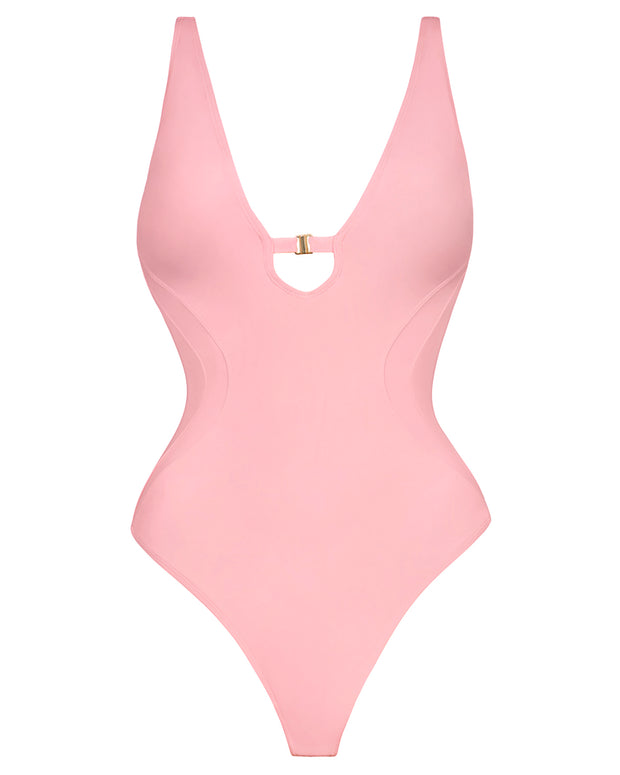 Outline image showing Brazilian Plungey Keyhole Shapewear Swimsuit - Flamingo Pink