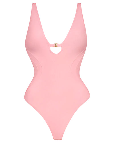 Outline image showing Brazilian Plungey Keyhole Shapewear Swimsuit - Flamingo Pink