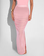 Ruched Sheer Side Slit Maxi Skirty - Flamingo Pink close up front