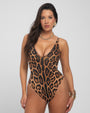 Model wears Brazilian Plungey Cheeky One Piece Shapewear Swimsuit - Symmetric Leopard full front view