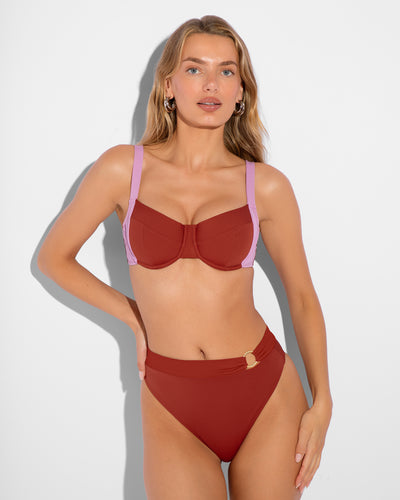 Model wears Brazilian Ring Kini Bottom - Copper Two Piece Bikini Shapewear full front view