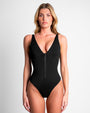 Model wears Cheeky Plungey Zip One Piece Shapewear Swimsuit - Black front view