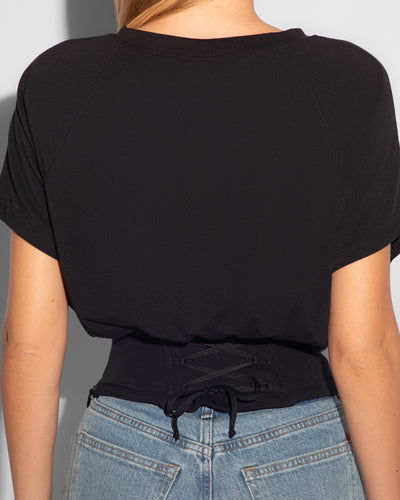 Model wears Corset Blousey Raglan Sleeve Shapewear Tee - Black back view close up