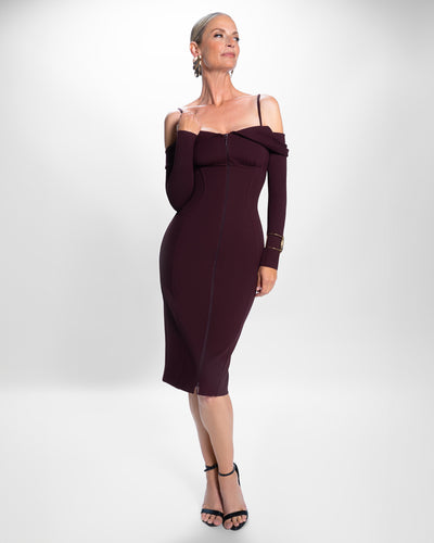 Model posing in Corsety Off Shoulder Long Sleeve Dress - Garnet full body front view