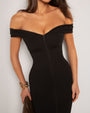 Model wears Corsety Off Shoulder Pencil Shapewear Dress - Black Close Up View