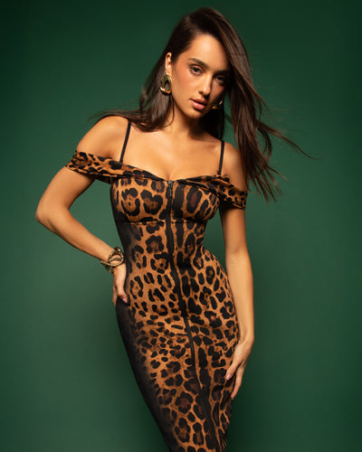 Model posing Corsety Off Shoulder Pencil Shapewear Dress - Symmetric Leopard front view