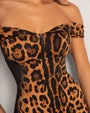 Model wears Corsety Off Shoulder Pencil Shapewear Dress - Symmetric Leopard close up