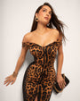 Model wears Corsety Off Shoulder Pencil Shapewear Dress - Symmetric Leopard front view