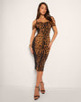 Model wears Corsety Off Shoulder Pencil Shapewear Dress - Symmetric Leopard full front view