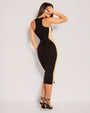 Model wears Corsety Scoop Neck Pencil Shapewear Dress - Contour Black/Sand back view