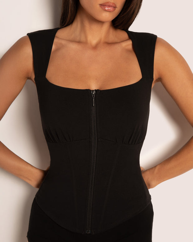 Model wears Corsety Square Neck Sleeveless Sculpting Shapewear Top - Black close up front