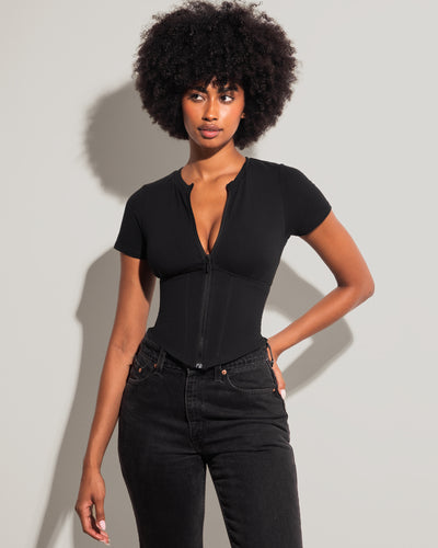 Model wears Short Sleeve Corsety Sculpting Shapewear Top - Black front view