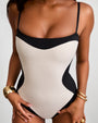 Sashy One Piece Sculpting Shapewear Swimsuit - Frame Oat/Black front view close up