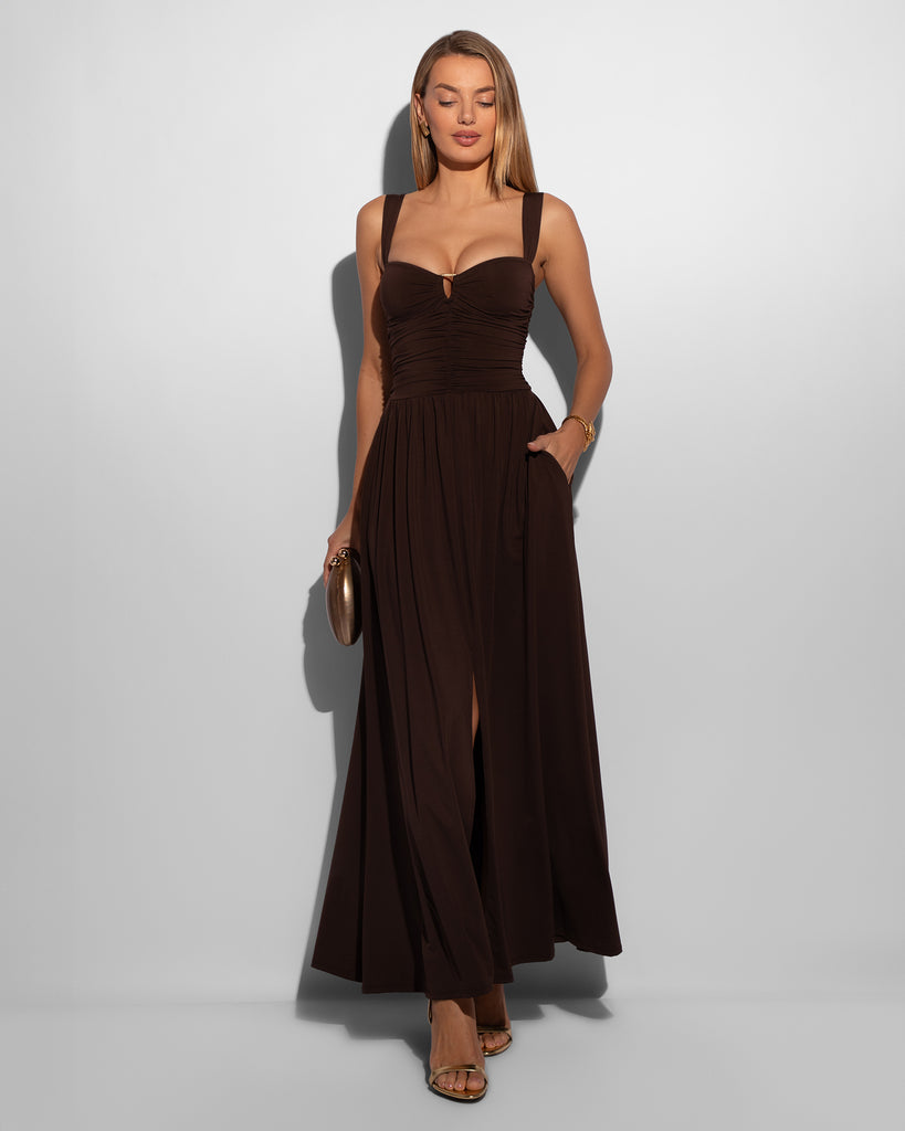 Model Wears Goddessy Maxi Shapewear Dress - Espresso Full Front View