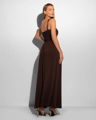 Model Wears Goddessy Maxi Shapewear Dress - Espresso Side View