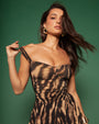 Model posing in Goddessy Maxi Shapewear Dress - Golden Zebra front view