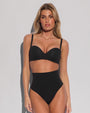 Model wears Hi Cut High Waisted Kini Bottom Shaping Swimwear - Black front view and matching color bikini top front view