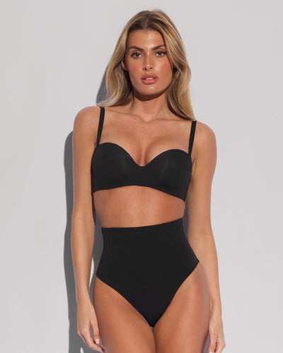 Model wears Hi Cut High Waisted Kini Bottom Shaping Swimwear - Black front view and matching color bikini top front view