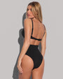 Model wears Hi Cut High Waisted Kini Bottom Shaping Swimwear - Black front view and matching color bikini top back view